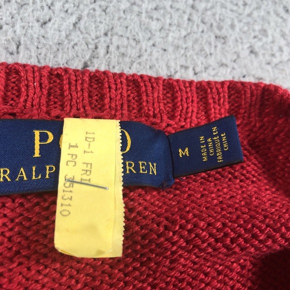 Polo Ralph Lauren Sweater Mens Medium Red Bear Knit Cotton Linen Classic RL - Picture 8 of 15